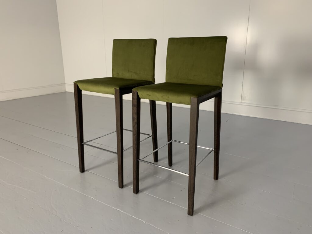 Pair of Walter Knoll "Andoo" Bar Stools - In Green Velvet & Walnut