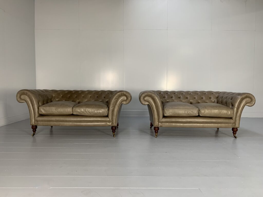 Pair of Beaumont & Fletcher "Grenville" 2-Seat Chesterfield Sofas - In "Siena" Grey Leather
