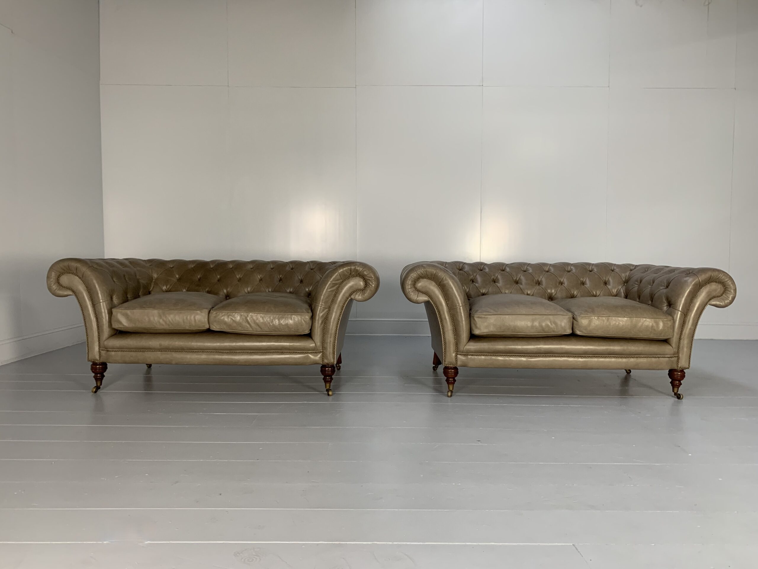 Pair of Beaumont & Fletcher "Grenville" 2-Seat Chesterfield Sofas - In "Siena" Grey Leather