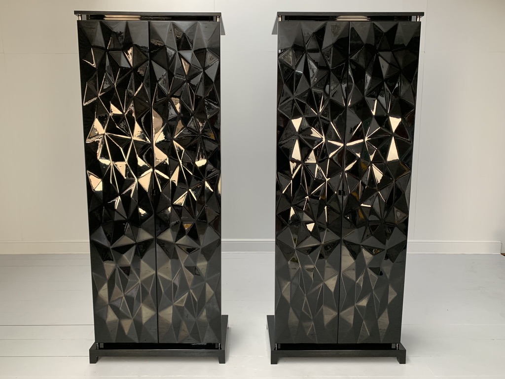 Pair of Fendi Casa Drinks / Bar Cabinets - In Gloss Black & Chrome