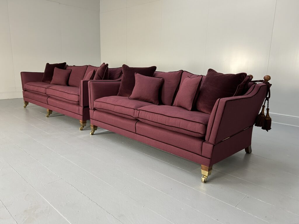 Pair of Duresta "Trafalgar" Sofas - In Aubergine Purple Linen & Velvet