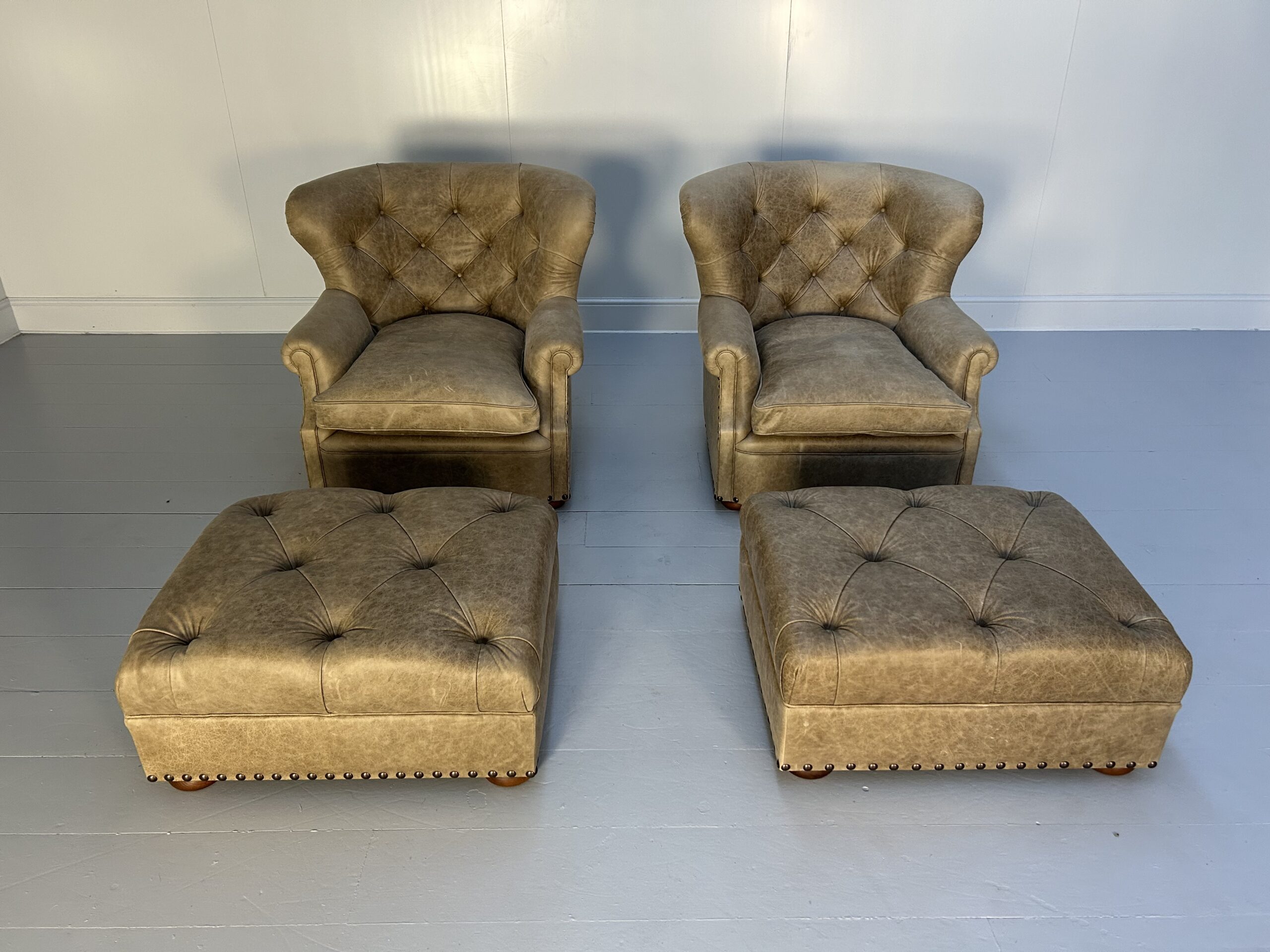 Pair of Ralph Lauren "Writers" Inspired Armchairs & Ottomans - In Vintaged Walnut Leather
