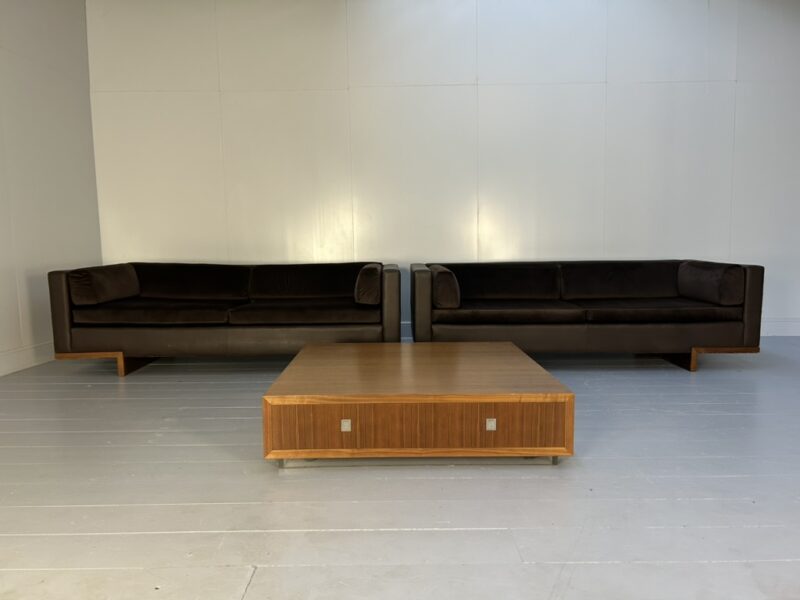 David Linley "Lizard" 2 Sofa & Low Table Suite - In Brown Leather, Velvet & Walnut