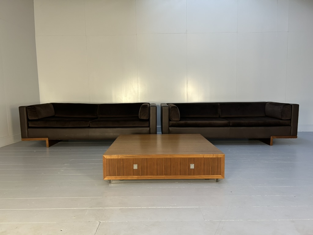 David Linley "Lizard" 2 Sofa & Low Table Suite - In Brown Leather, Velvet & Walnut