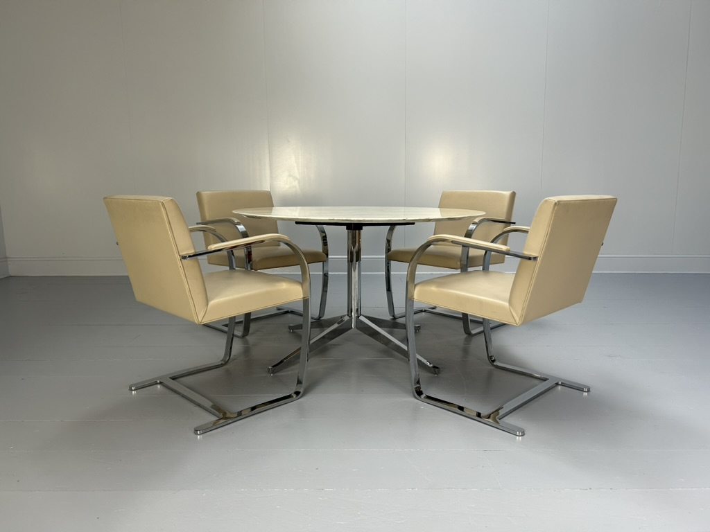 Knoll Studio "Florence Knoll" Round Dining Table & 4 "Brno" Armchair Suite - In "Carrara" Marble & Leather